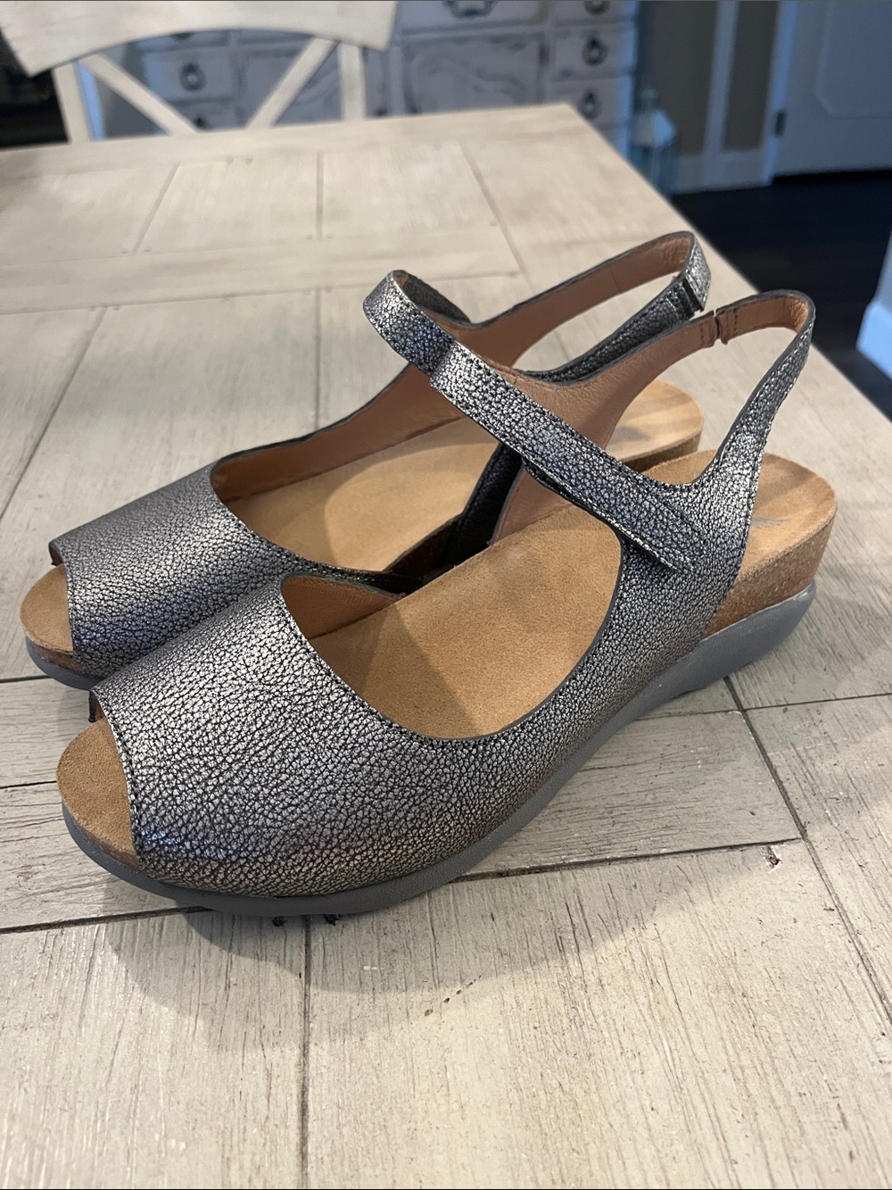 Dansko Metallic Silver Peep-Toe Slingback Wedge Sandals